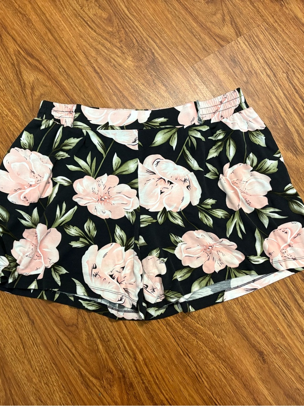 LASCANA Floral Pink and Black Women’s Elastic Waist Shorts - Size 44 (L)